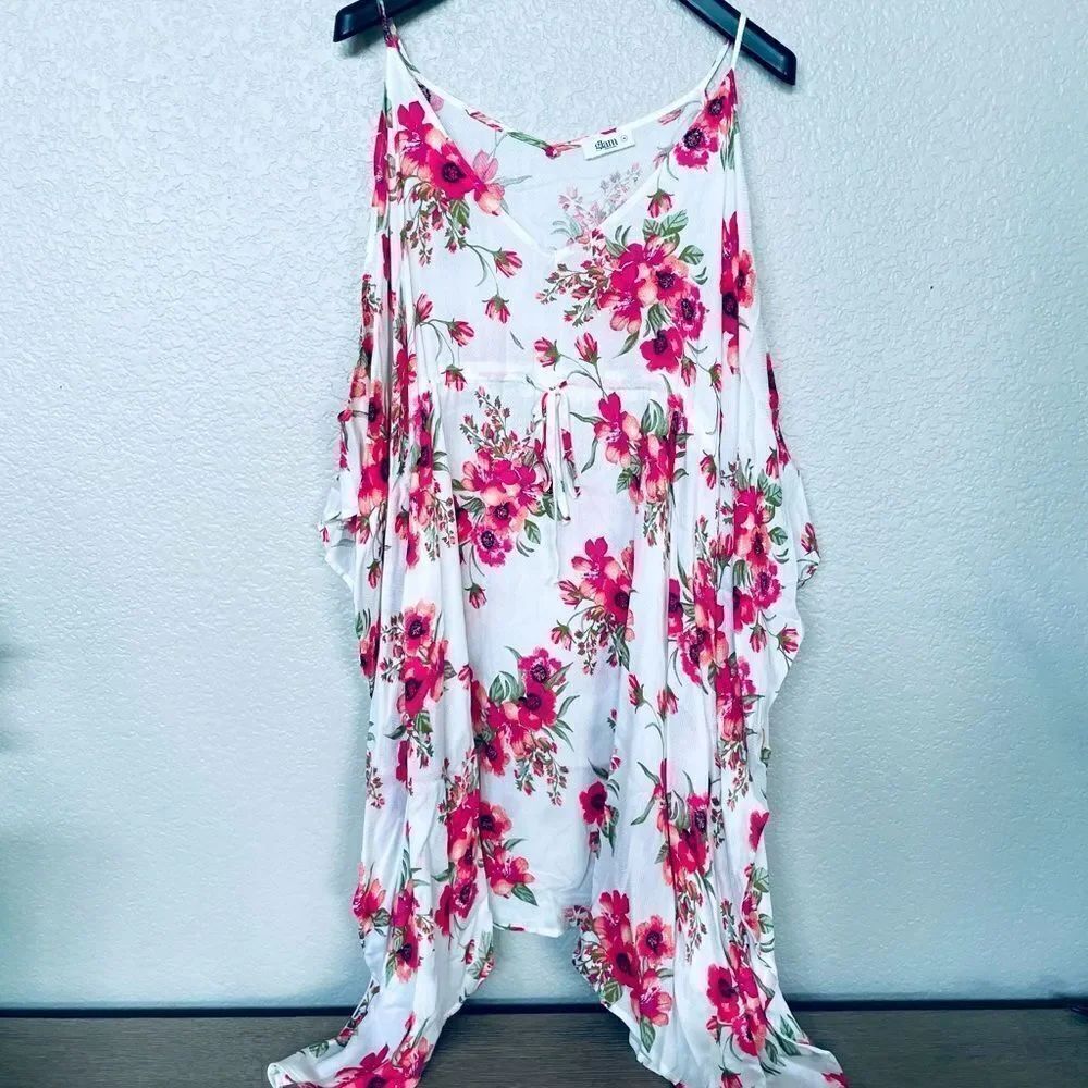 Glam Boho Floral Pink Summer Cold Shoulder Sun Dress Swim Cover Up